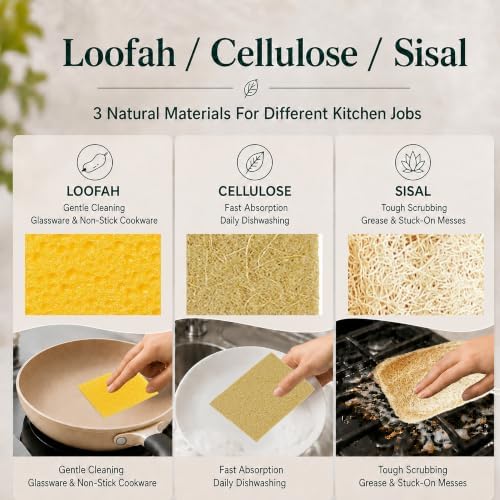 Natural Loofah Sponge, Kitchen Sponges, 11-Pack Cellulose Sponges, Sisal - Image 2