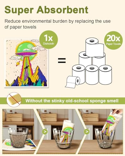 Miss Adola Swedish Dishcloths for Kitchen - 5 Pack Reusable Dish Cloths for Washing Dishes Absorbent Cute Funny Kitchen Towels Cleaning Sponge, Alien - Image 4