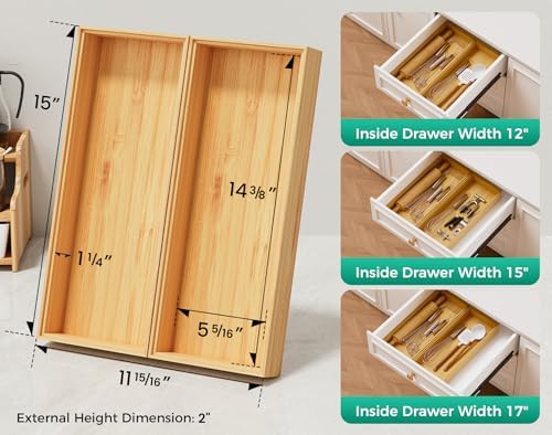 Bamboo Kitchen Drawer Organizer Set of 2, 15" x 6" Stackable Wood Tray - Image 3