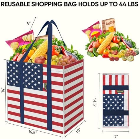 BALEINE 8 PK Grocery Bags Reusable Shopping Bags with Reinforced Bottom, Heavy Duty Foldable Tote Bags (Patriot Celebration) - Image 2