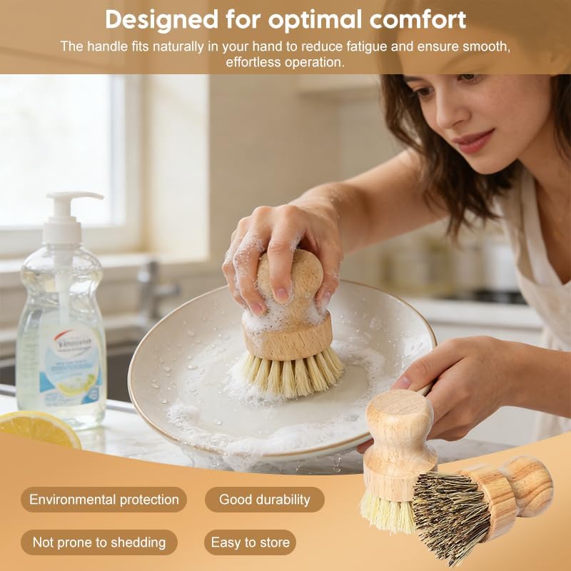 2-Pack Natural Dish Brushes with Bamboo Handle, 1 Sisal & 1 Palm Fiber - Eco-Friendly Kitchen Scrubber Set for Pots, Pans & Non-Stick Cookware, Dual-Use for Tough and Delicate Cleaning - Image 4