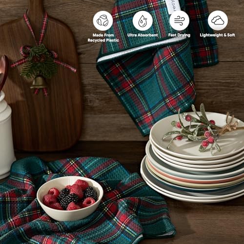 RECYCO Christmas Waffle Kitchen Towel Set of 2 - Quick Dry Microfiber Sustainable Dish Towels - Ultra Absorbent Reusable Cleaning Tea Towels - Lightweight Hand Towels,16”x 28”, Stewart Plaid Green - Image 2