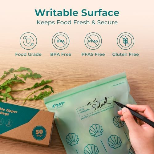 Fit Meal Prep 50 Pack 100% Compostable Food Storage Bags, 1 Gallon Freezer Bags, 10.6 x 11.5" Resealable Bag for Vegetables, Meat, Fruits, ASTM D6400, US BPI & EU OK Compost Certified - Image 4