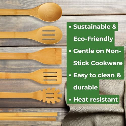 Bamboo Kitchen Utensil Set, 7-Pieces Natural Cooking Utensils for Nonstick Cookware, Eco-Friendly Wooden Spoons and Spatulas for Cooking - Image 5