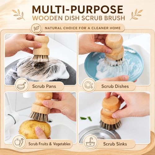 Wooden Dish Brush, 4-Piece Dish Brush Set, Natural Fiber Brushes With Wooden Handles, Non-scratch Coconut Palm & Sisal Bristles For Kitchen Cleaning, Natural Fiber - Image 4