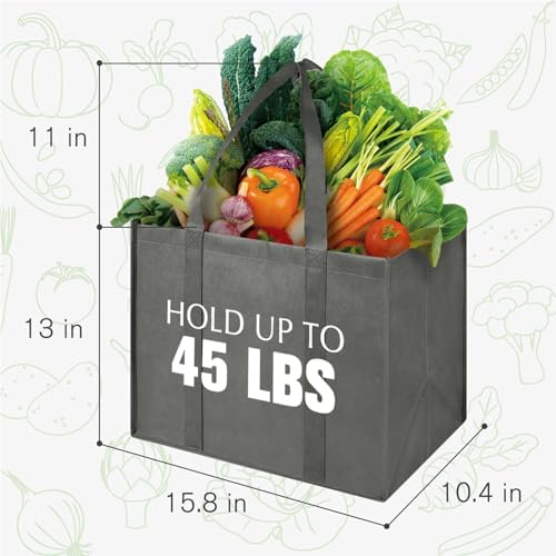 LadyRosian Reusable Grocery Bags Extra Large Foldable Shopping Bags 10 Pack Heavy Duty Kitchen Tote Bags with Handle Can Hold 45+lbs, Stands Upright, Foldable & Washable (Grey) - Image 3