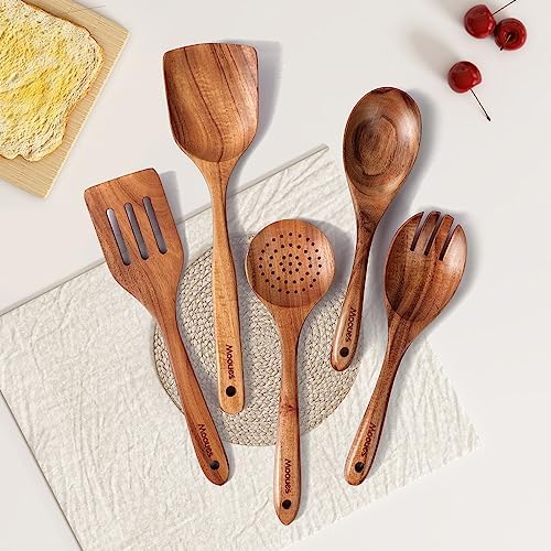 Wooden Kitchen Utensil Set, 5 PCS Natural Teak Wooden Spoons for Cooking - Image 7