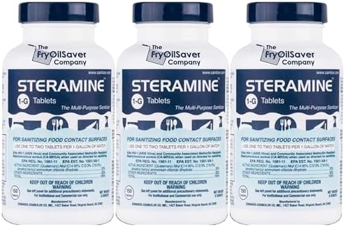 Steramine Quaternary Sanitizing Tablets (450 Count) - Commercial Sanitizer Tablets for Food-Contact Surfaces, Kitchen & Food Service - No-Rinse Dish Sanitizer Sanitabs - 150-Count/Bottle, 3-Pack by THEFRYOILSAVERCOMPANY