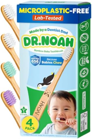 Dr. Noah Microplastic-Free Bamboo Baby Toothbrush, Dentist Designed, 4 Pack by DrNoah
