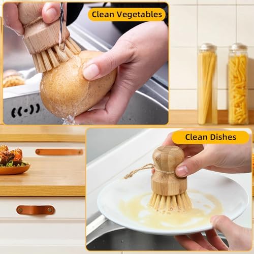 Bamboo Dish Brush,2PCS Wood Dishes Scrub Brush,Kitchen Dish Brush Natural Sisal Bristles with Hook for Cleaning Dishes,Sink, Cast Lron Pan/Pot - Image 5