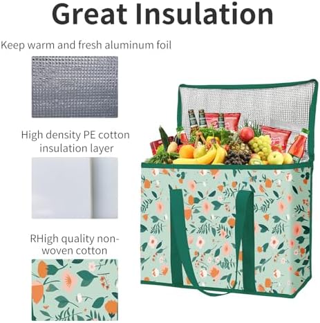 musbus 2-Pack extra Insulated Grocery shopping bag, large Green leaf, kitchen foldable reusable bags groceries,Sturdy zipper,Collapsible,tote,cooler,for transport women,Durable carrier - Image 4