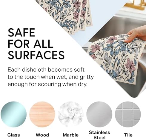 Swedish Wholesale Dishcloths Reusable 8" x 7" Sponge Cloths, Bulk 10 Pack of High Absorbent Cellulose Dish & Kitchen Cleaning Hand Towels, Wring to Dry & Machine Wash, Odor Resistant, Mini Flower - Image 3