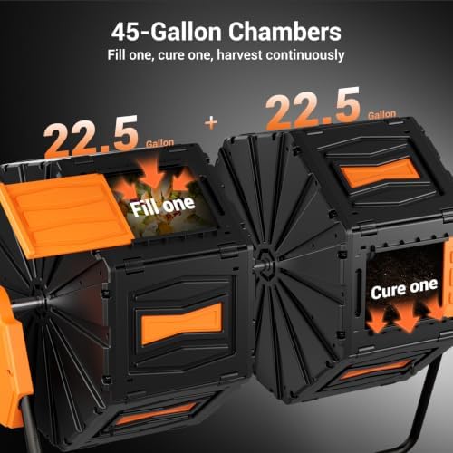 Marcytop Compost Tumbler, Easy Assemble & Efficient Outdoor Compost Bin, 45 Gallon/170 Liter Large Dual Chamber Rotating Composter for Garden, Kitchen, and Yard Waste, Orange Door - Image 4