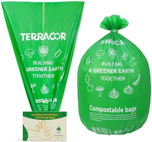 13 Gallon Compostable Trash Bags,50 Count, Heavy Duty Tall Kitchen Food Scrap Waste Bag,Certified BPI and ASTM D6400 Standard by TerracorPackaging