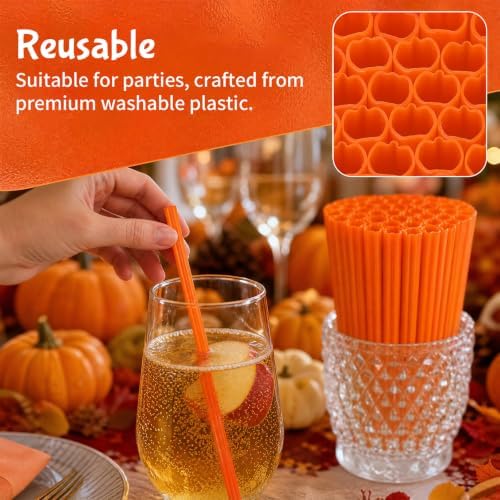 JANYUN 30 Pcs Reusable Pumpkin Straws with Cleaning Brush - Image 5