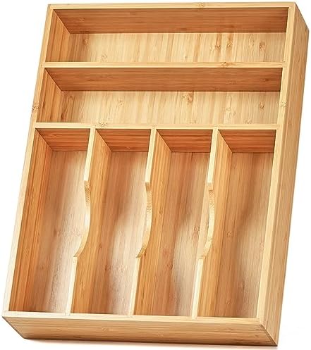 Umilife Kitchen Drawer Organizer, 12 Inch Silverware Utensil Tray Holder, Extra Deep, with Non-Slip Feet & Grooved Drawer Divider, 6 Slots Total Bamboo Wood Caddy for Flatware Cutlery Knives by Umilife