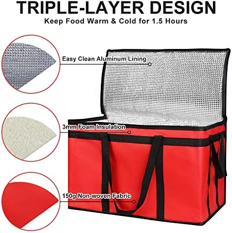 1PK Insulated Food Delivery Bag, 3X-Large Reusable Grocery Bags, Red - Image 4