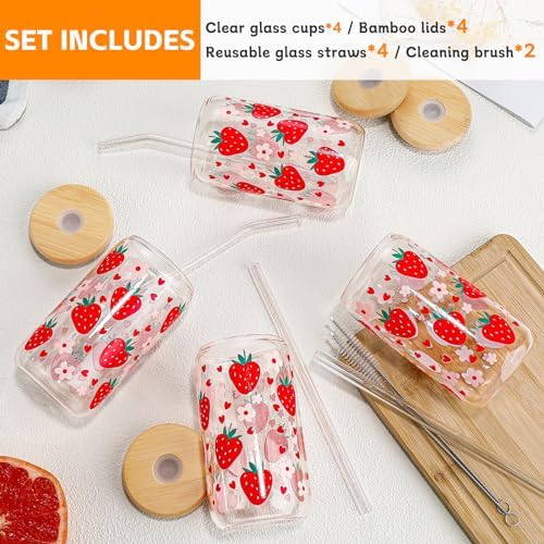 Glass Cups with Lids and Straws with Design Strawberry 4 pcs,Clear Glass Cups 16 oz-DWTS Drinking Glasses Set,Glass Tumbler,Cute Design Glass Iced Coffee Cups with Lids and Straws 480ml - Image 4