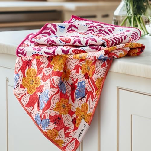 RECYCO Waffle Kitchen Towel Set of 2 - Quick Dry Microfiber Sustainable Dish Towels - Absorbent Reusable Cleaning Tea Towels - Lightweight Hand Towels,16”x 28”, Blossom Brilliance Pink by RECYCOHOMECOLLECTION