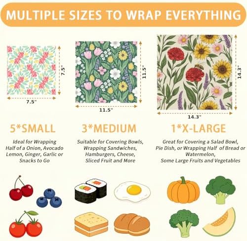 Reusable Beeswax Wraps, Garden Flowers Wraps, 9 Pack Eco-Friendly Food Storage, Organic, Sustainable, Zero Waste, Plastic-Free, Sandwich, Bowl, Bread, Fruit, 1XL, 3M, 5S - Image 2