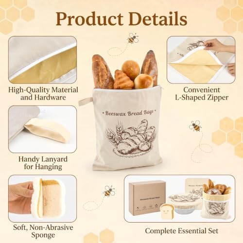 2 Pack XL Beeswax Bread Bags with Bowl Cover & Cleaning Sponge Set - Image 4
