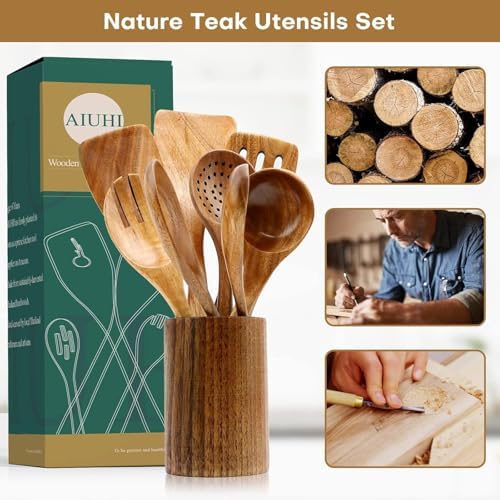 AIUHI Teak Wood 8-Piece Wooden Kitchen Utensils Set, Wooden Spoons for Cooking, Smooth Wood Spatula Set for Nonstick Cookware, Daily Cooking, Housewarming Gift - Image 4