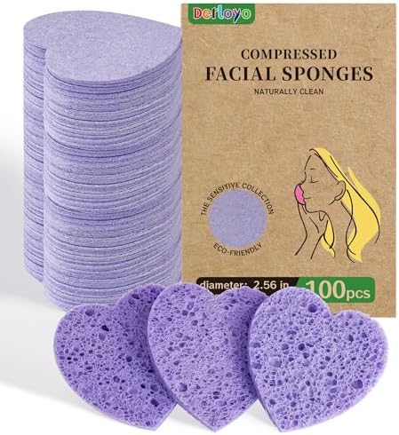 100-Count Compressed Facial Sponges, Purple Heart Shape by Derloyo