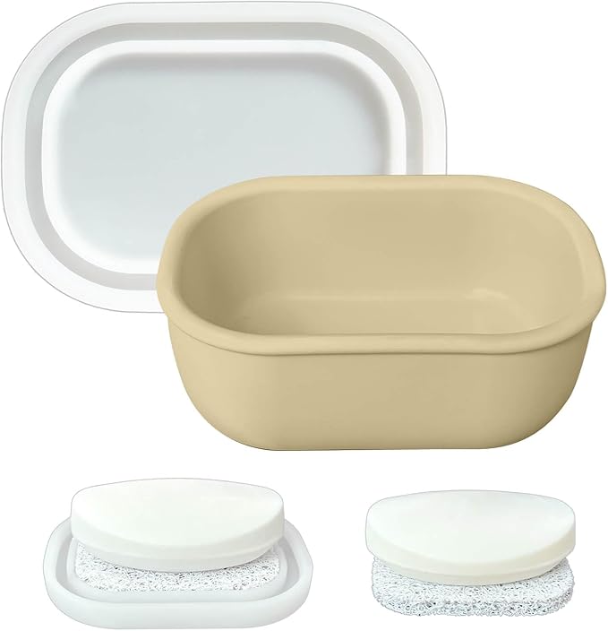 Leakproof Silicone Travel Soap Case with Drainage Layer, Silicone Bar Soap Holder Compact Portable Shatterproof Soap Container Box for Bathroom Gym Camp Travel Toiletries (Sand, Clear Lid)