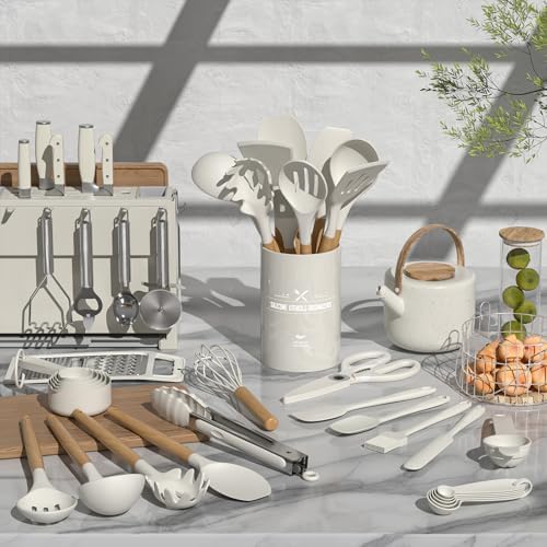 Umite Chef Silicone Kitchen Utensil Set, 34PCS Heat Resistant Kitchen Gadgets and Tools With Grater, Cream White Wood Handles for Nonstick Cookware - Image 2