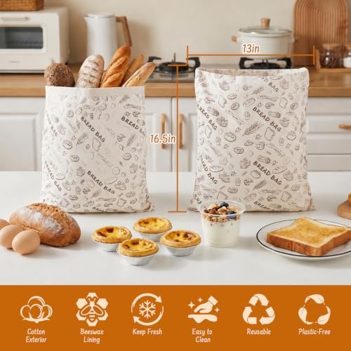 2-Pack Reusable Beeswax Bread Bags for Sourdough & HomemadeBread with Zipper, 16.5 x 13 inch bread bags for Food Storage - Image 2