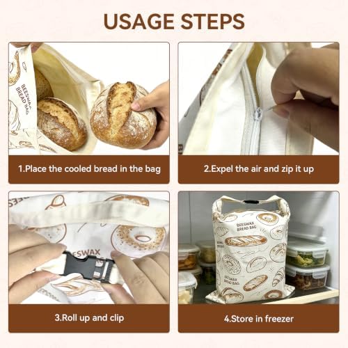 2 Pack Beeswax Bread Bags for Sourdough - 17"x13" Reusable Homemade Bread Keeper Storage Set with 2 Beeswax Food Wraps, Double Seal Zipper & Snap Buckle, Flippable Cleanable Liner, Freezer Safe - Image 5