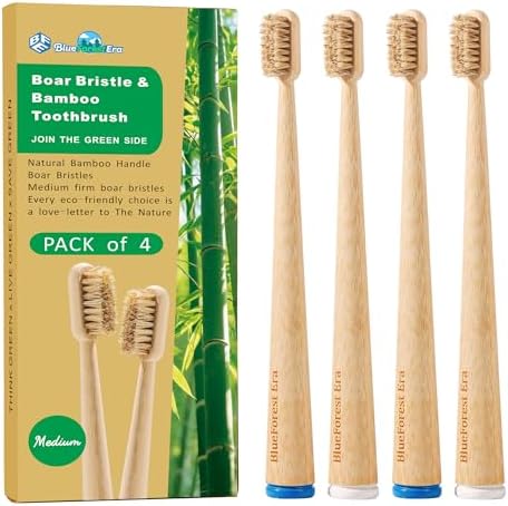 Boar Bristle Bamboo Toothbrushes Plastic Free 4 Pack by BlueForestEra