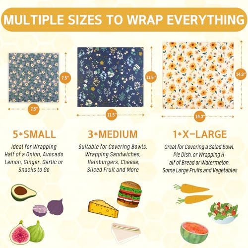 Reusable Beeswax Wrap - 9 Pack Beeswax Wraps for Food, Eco-Friendly Beeswax Food Wraps, Bread Sandwich Wrapper - Organic, Sustainable, Zero Waste, Reusable Plastic-Free Food Storage Wrap, 1XL, 3M, 5S - Image 3