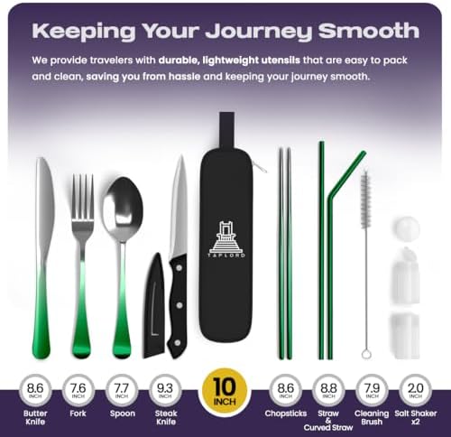 Taplord Portable Travel Silverware Set With Case - Includes 10 Pcs of Utensils, Stainless Steel Flatware For Camping, Easy to Travel, Lightweight (Green Two Tune) - Image 2