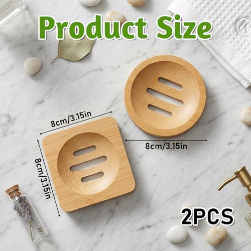 2 Pcs Bamboo Soap Dish Holders, Shower Steamer Holder, Round Natural Wooden Soap Trays, Rustic Bathroom Accessories for Kitchen Bathroom Accessories(Round and Square) - Image 2