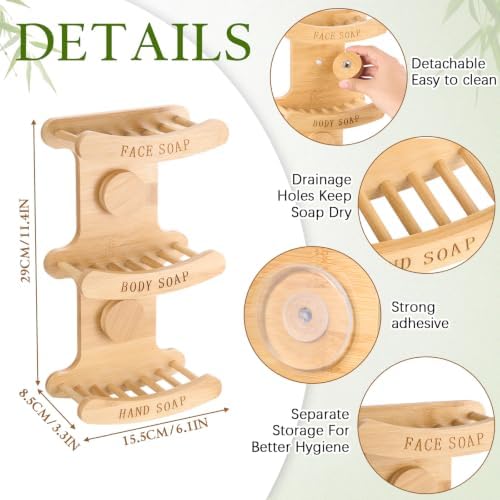 3-Tier Bamboo Soap Dish for Shower, Wall Mounted - Image 2