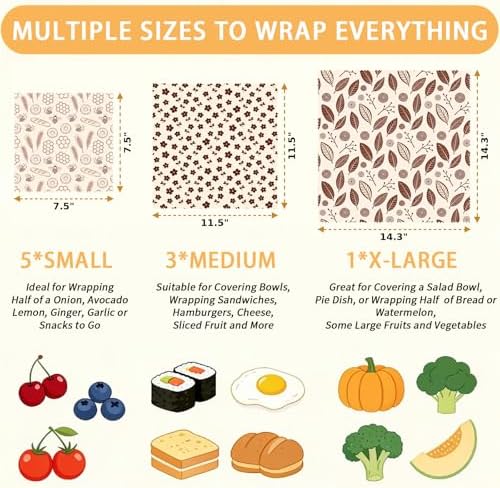 Reusable Bee&Floral Beeswax Wraps, 9 PCS Eco-Friendly Food Storage, Organic Cotton Sandwich, Snack, Bowl Covers, Zero Waste, Plastic-Free, Sustainable, 1XL, 3M, 5S - Image 2