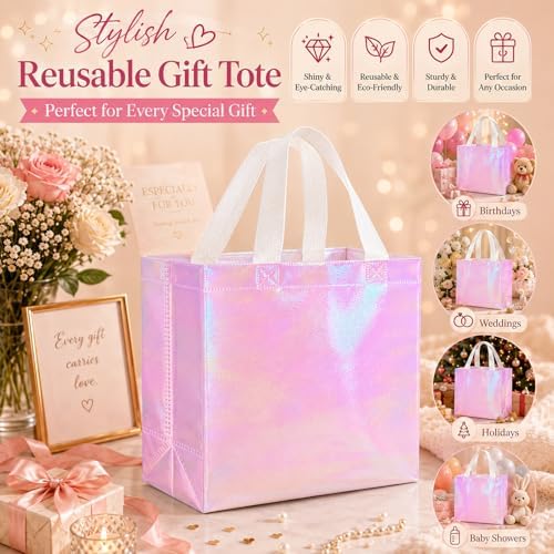 Eccliy 60 Pcs Reusable Gift Bags, Large, Holographic Pink - Image 5