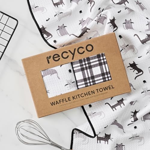 RECYCO Waffle Kitchen Towel Set of 2 - Quick Dry Microfiber Sustainable Dish Towels - Absorbent Reusable Cleaning Tea Towels - Lightweight Hand Towels,16”x 28”, Shadow Meow - Image 7