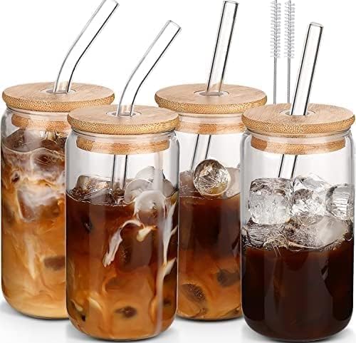 DWTS DANWEITESI Glass Cups with Lids and Straws 4 pcs,16oz Drinking Glasses Set for Coffee Bar Accessories,Iced Coffee Cups with Lids,Matcha Cup Glass Tumbler Reusable for Gifts by DWTSDANWEITESI