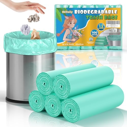 1.2 Gallon Small Biodegradable Trash Bags - Green Mini Garbage Bags (Fit 1-1.3 Gallon) 5 Liter 100 Count Unscented Compostable Tiny Little Waste Basket Kitchen Office Bathroom Liner Heihaily by heihaily