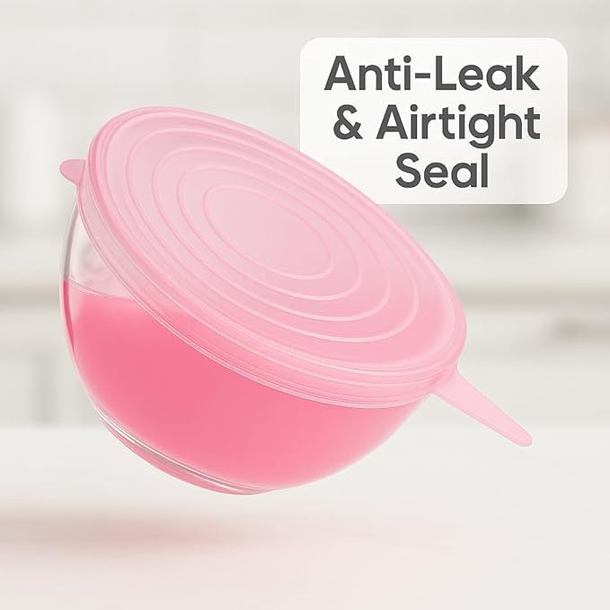 Silicone Stretch Lids Pink (6 Pack) Reusable Airtight Food Covers for Bowls, Containers & Fruits |Elastic BPA-Free Stretchable Lids | Microwave, Freezer & Dishwasher Safe | Plastic Wrap Alternative