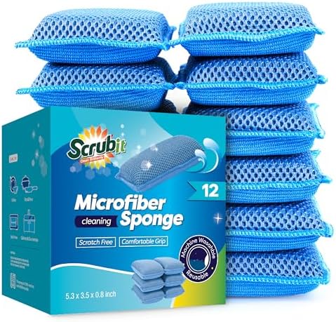 SCRUBIT Reusable Sponges for Dishes - 12 Pack Microfiber Sponges Kitchen Dish Scrubber, Machine Washable & Non-Scratch Scrubbers (Blue) by SCRUBIT