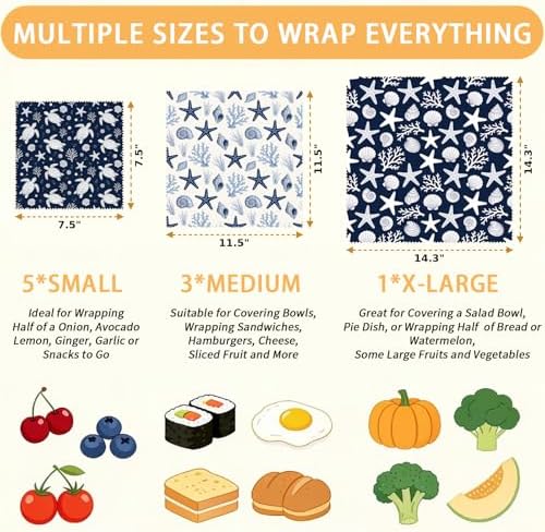 Reusable Beeswax Wraps, Sea Turtle&Starfish Shell Wraps, 9 Pack Eco-Friendly Food Storage, Organic, Sustainable, Zero Waste, Plastic-Free, Sandwich, Bowl, Fruit, 1XL, 3M, 5S - Image 2