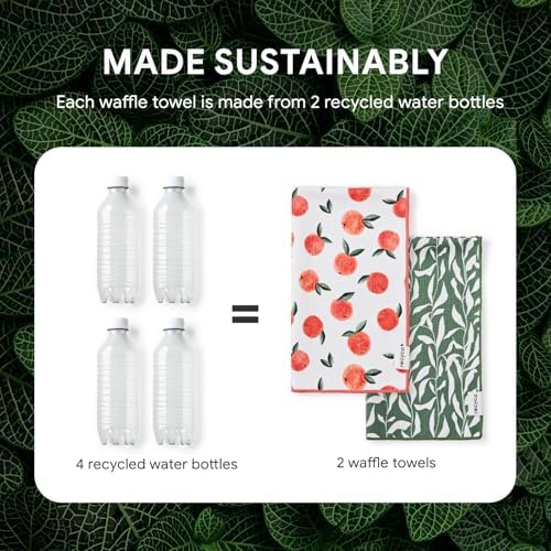 RECYCO Waffle Kitchen Towel Set of 2 - Quick Dry Microfiber Sustainable Dish Towels - Ultra Absorbent Reusable Cleaning Tea Towels - Lightweight Hand Towels,16”x 28”, Peachy Leaves - Image 5