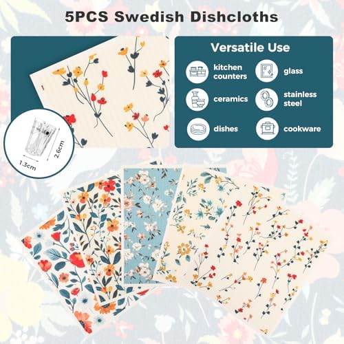 wlich 5 Pack Swedish Dishcloths, Reusable Kitchen Towels with Clips, Plant - Image 6