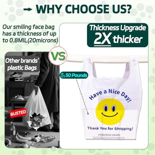YovhVon 0.8Mil(20 Microns), 1000 Count, Plastic Bags with Handles, T-Shirt bags, Thank You bags, Shopping Bag, Grocery Bag, |for Store, Carry, Pack|, White, 1/6 Barrel, Large 11"x6"x21", Heavy Duty - Image 2