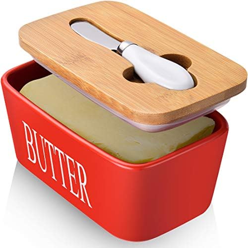 AISBUGUR Large Butter Dish with Lid Ceramics Butter Keeper Container with Knife and High- quality Silicone Sealing Butter Dishes with Covers Good Kitchen Gift Red 6.3 x 3.5 x 2.7 inches by AISBUGUR