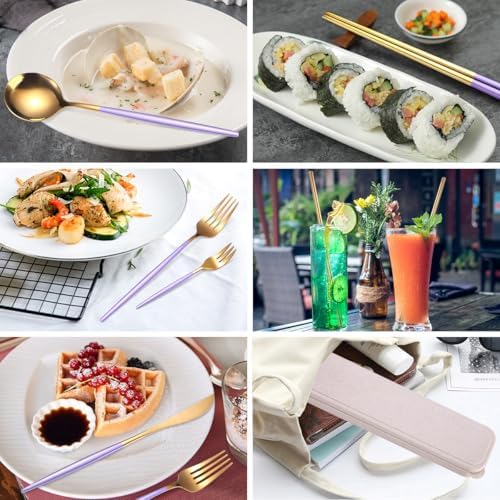 AARAINBOW 8 Pieces Stainless Steel Flatware Set Portable Reusable Cutlery Set Travel Utensils Set Including Chopsticks Knife Fork Spoon Straws Cleaning Brush Dishwasher Safe (Purple Golden) - Image 4