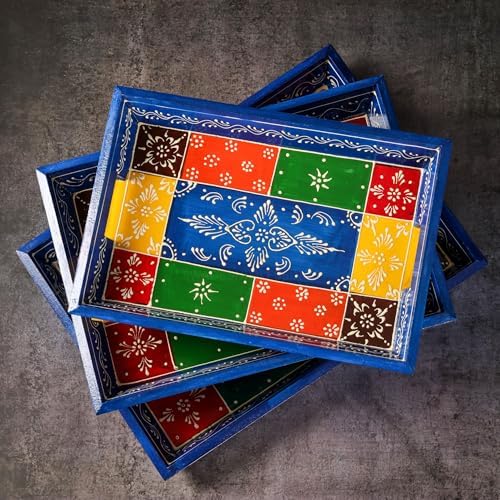 Swadeshi Blessings Hand-Painted Wooden Serving Tray Set of 3, Vintage Blue by SwadeshiBlessings